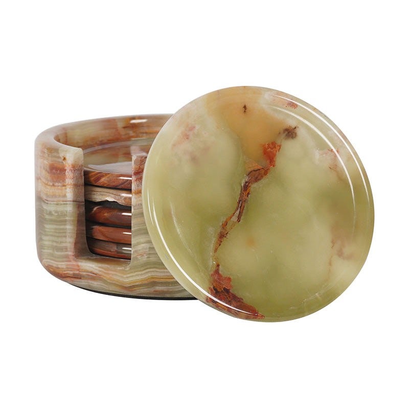 Marcellus 7 Piece Marble Round Coaster & Holder Set, Green