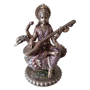 Veronese Cold Cast Bronze Coated Hindu Mythology Figurine, Saraswati On Swan