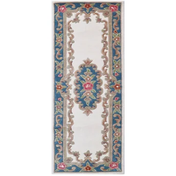 Avalon French Aubusson Wool Runner Rug, 210x67cm, Ivory / Blue