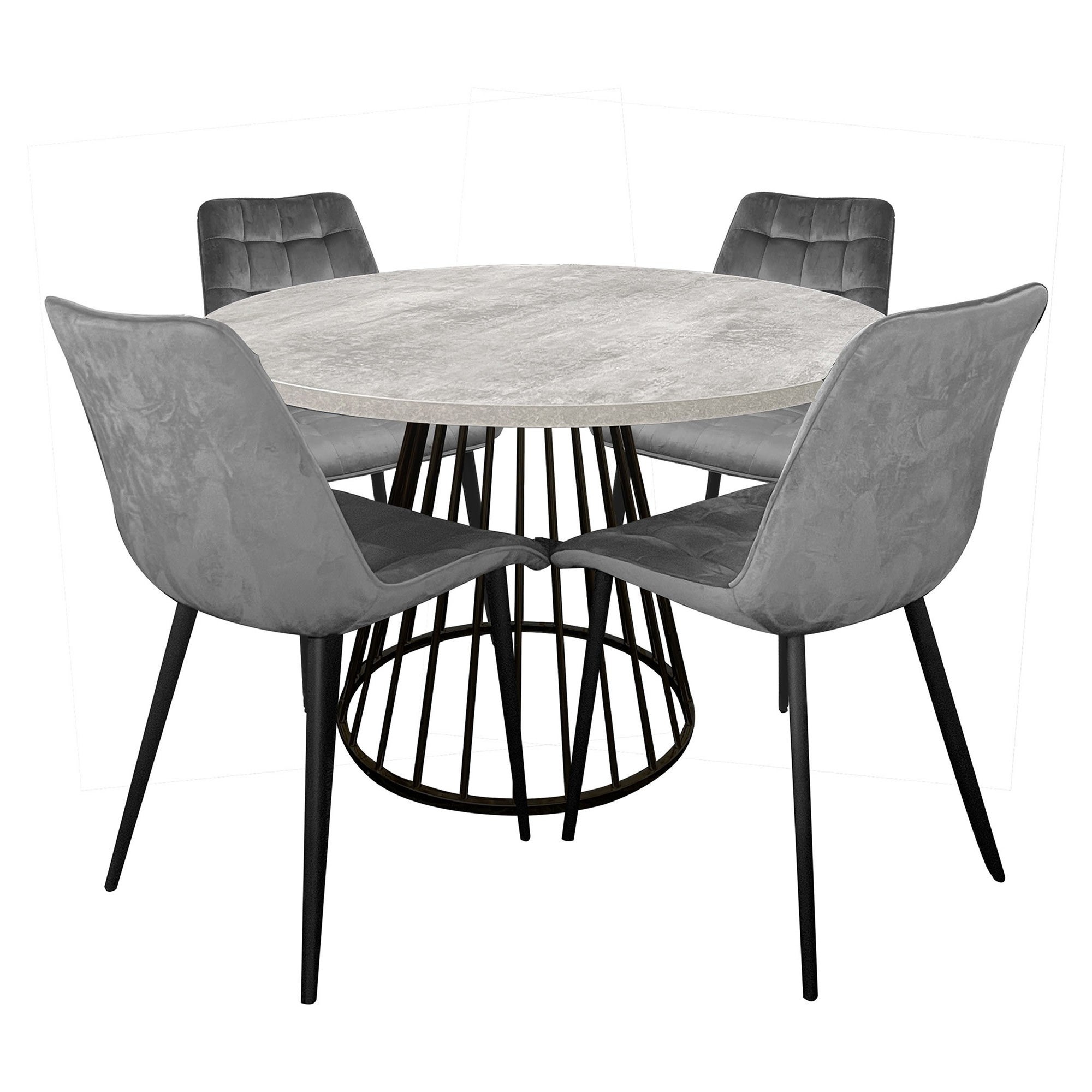 Matilda 5 Piece Faux Cement Top Round Dining Table Set, 110cm, with Grey Velvet Lumy Chair