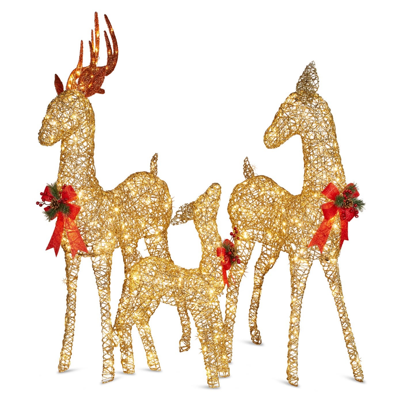 Norjav 3 Piece LED Light Up Outdoor Rattan Christmas Reindeer Family Figurine Set