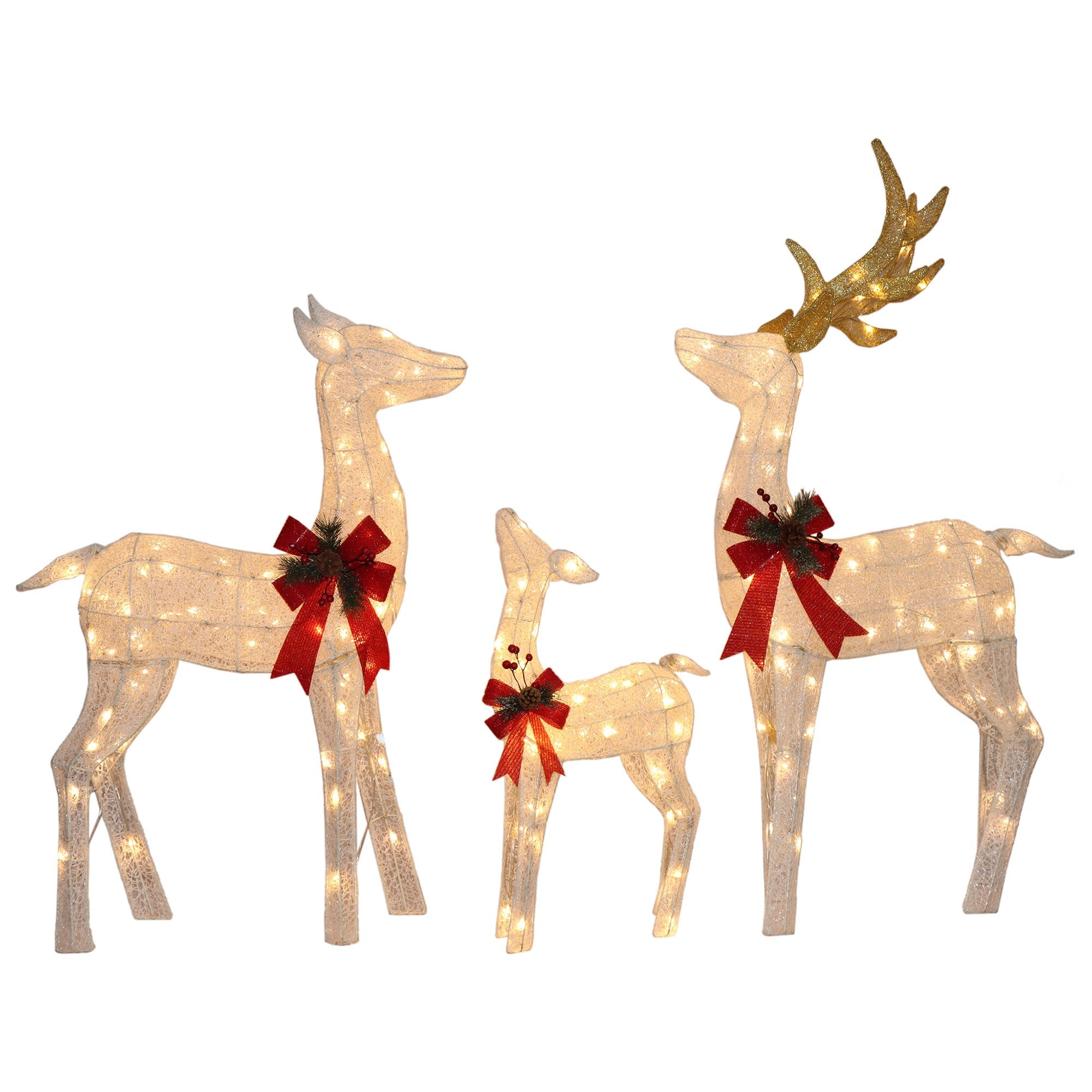 Norjav 3 Piece LED Light Up Outdoor Mesh Christmas Reindeer Family Figurine Set, White
