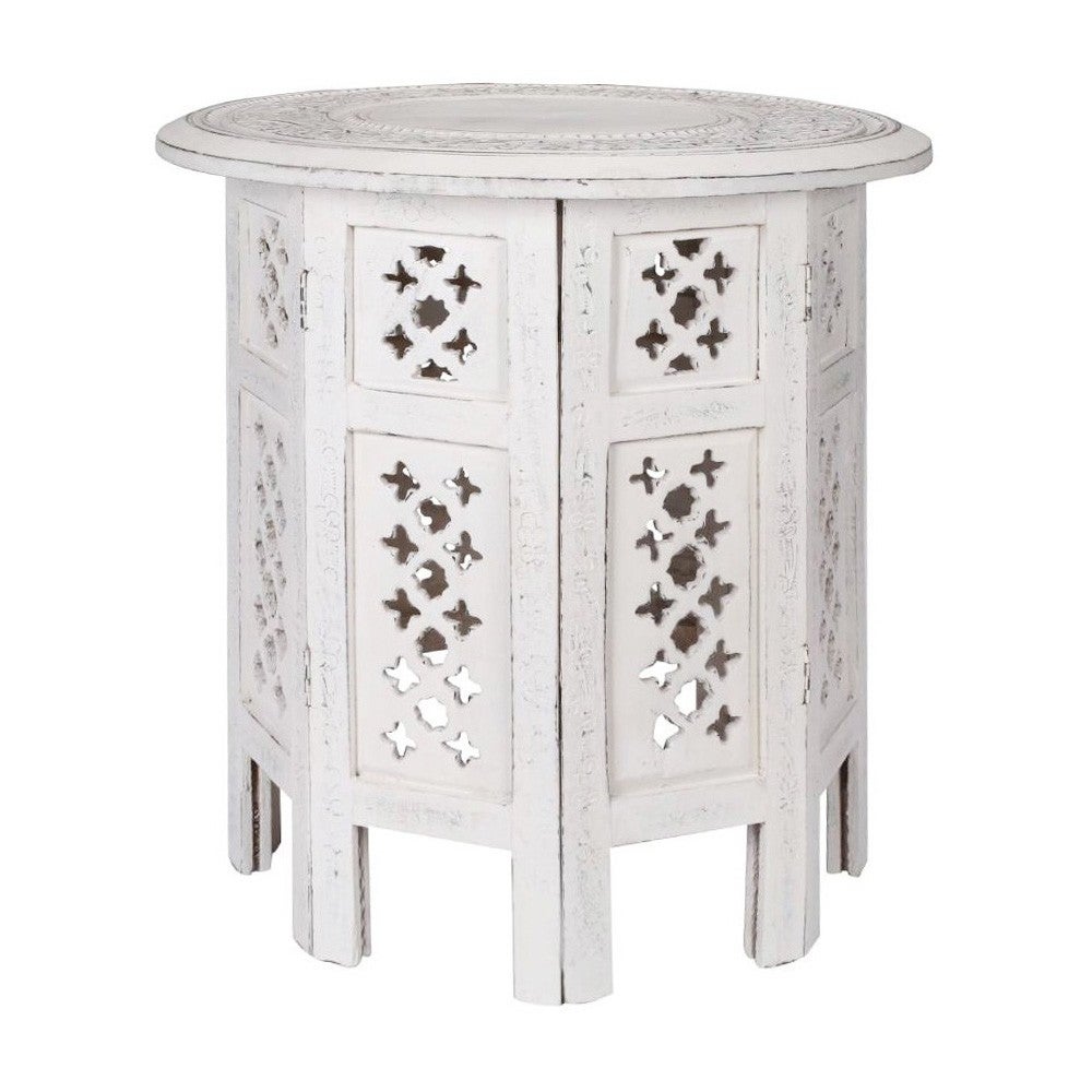 Carved Rubber Wood Timber Round Side Table, White Wash