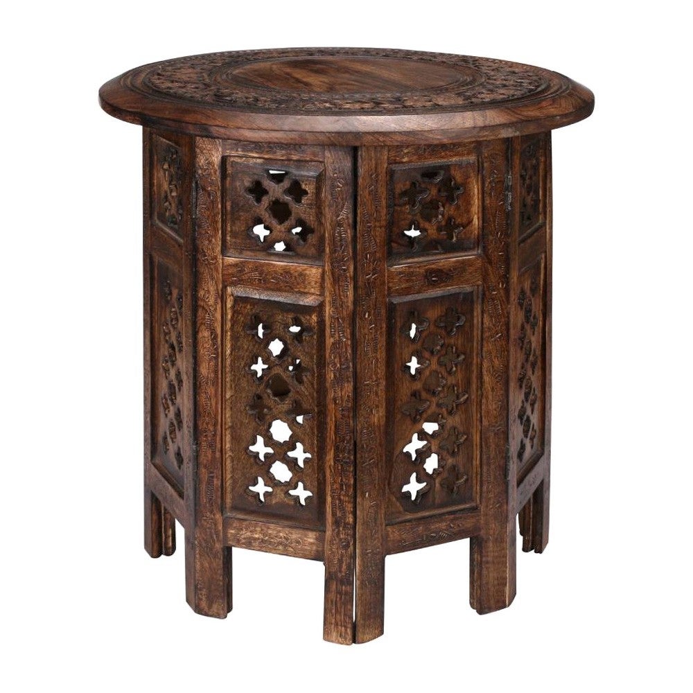 Carved Rubber Wood Timber Round Side Table, Burnt Natural