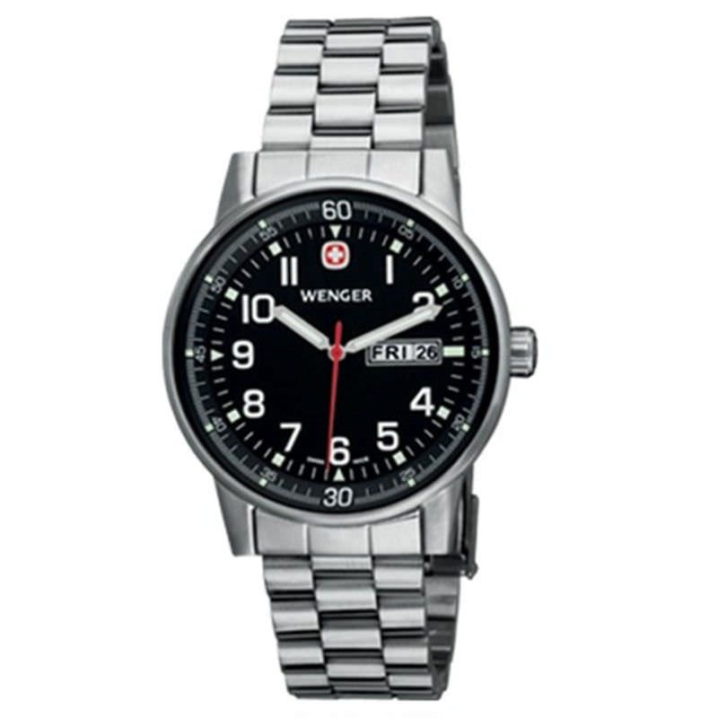 Wenger Commando Day Date Gents black dial brushed steel case steel bracelet
