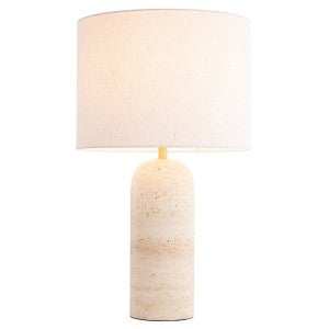 Soren Travertine Base Table Lamp, Drum Shade