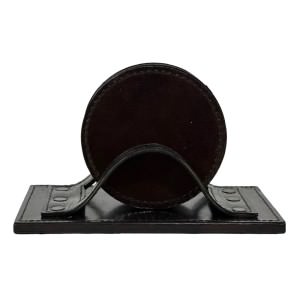 Ludlow Leather 6 Piece Round Coaster Set with Holder, Dark Brown