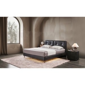 Evralis Top Grain Leather Platform Bed with LED & USB Charger, King, Black