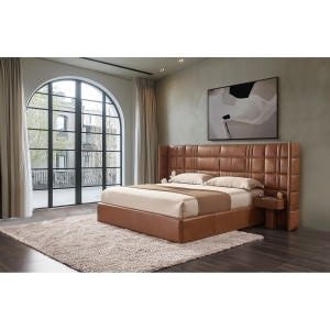 Cavello Top Grain Leather Gas Lift Wing Bed with Integrated Wireless Charging Bedsides, Queen, Light Brown