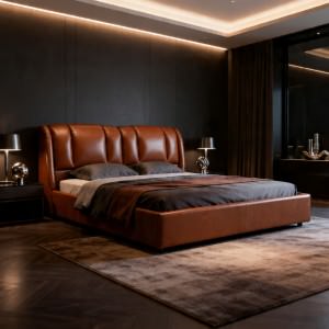 Fioren Top Grain Leather Platform Bed with Dual Zone Power Inclining Headboard, King, Cognac