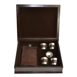 Plano 6 Piece Leather & Stainless Steel Hip Flask Giftbox Set, Dark Brown