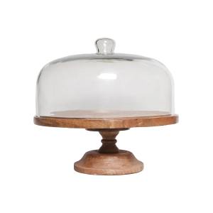 Noir Glass Cloche Cake Stand with Mango Wood Base