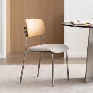 Estor American White Oak & Stainless Steel Stackable Dining Chair with Fabric Seat