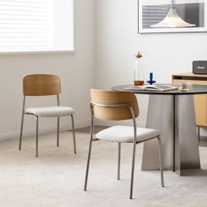 Estor American White Oak & Stainless Steel Stackable Dining Chair with Fabric Seat, Set of 2