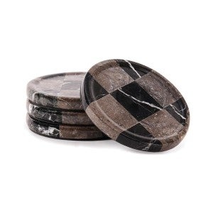 Marcellus Checkered Marble Raised Edge Round Coaster, Set of 4, Black / Grey