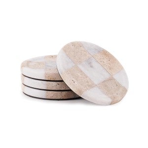 Marcellus Checkered Marble & Travertine Raised Edge Round Coaster, Set of 4, Sand / White