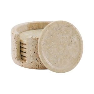 Marcellus 6 Piece Travertine Coaster Set with Holder, Round