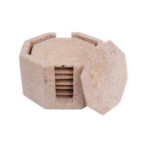 Marcellus 6 Piece Travertine Octagon Coaster Set with Holder