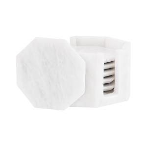 Marcellus 6 Piece Marble Octagon Coaster Set with Holder, White