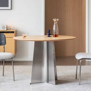 Estor American White Oak & Stainless Steel Round Dining Table, 110cm