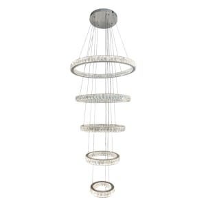 Aaron Crystal Glass Dimmable LED Ring Pendant Light with Remote, 5-Tier, CCT, Chrome