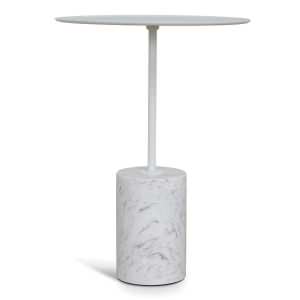 Emron Stainless Steel & Marble Round Tray Top Side Table, Cylinder Base, White / White
