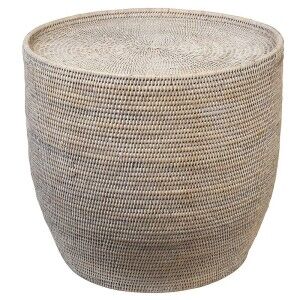 Savannah Rattan Round Side Table, White Wash