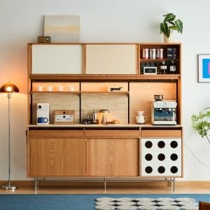 Muko Sintered Stone & American Cherrywood Hutch Cabinet with Adjustable Shelf, LED Light & Power Track, 180cm