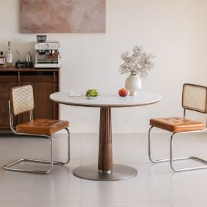Grei American Walnut Timber Round Dining Table, Sintered Stone Top, 110cm