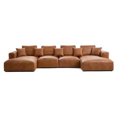 Sleekon Modern Fabric Modular U-shape Sofa, 4 Seater with Double Chaise, Tan