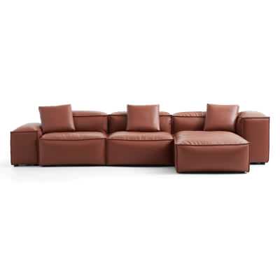 Touff Bonded Leather Modular Corner Sofa, Left Low & Right High Arms, 4 Seater with Reversible Chaise, Tan
