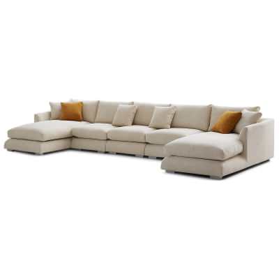 Effton Fabric Modular U-shape Sofa, 5 Seater with Double Chaise, Beige
