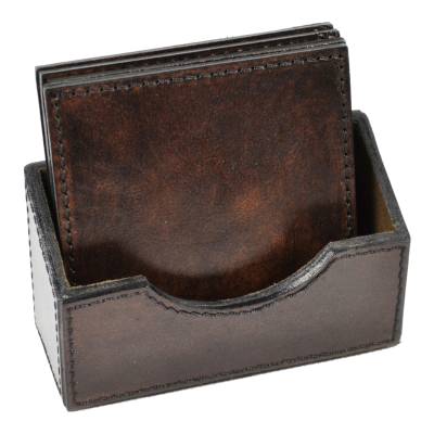 Sattelo Leather 6 Piece Square Coaster Set with Holder, Dark Brown
