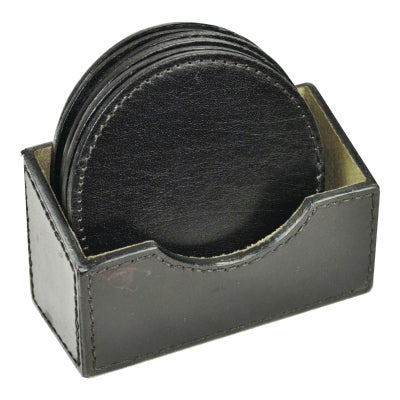 Sattelo Leather 6 Piece Round Coaster Set with Holder, Black