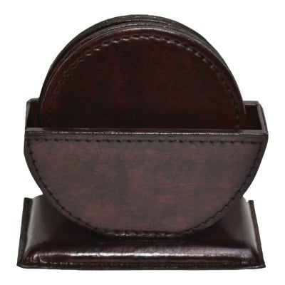Sattelo Leather 6 Piece Round Coaster Set with Holder, Dark Brown