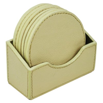 Sattelo Leather 6 Piece Round Coaster Set with Holder, Off White