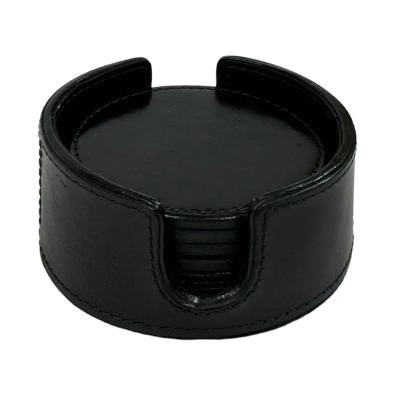 Dunewell Leather 6 Piece Round Coaster Set with Holder, Black