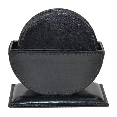 Marston Leather 6 Piece Round Coaster Set with Holder, Black