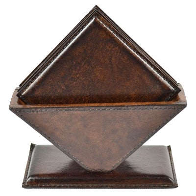 Ellowe Leather 6 Piece Square Coaster Set with Holder, Dark Brown