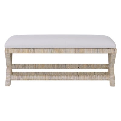 Lenvar Rattan & Mahogany Timber Ottoman Bench with Fabric Seat, 122cm