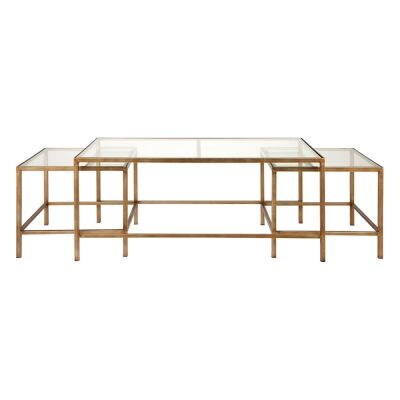 Cocktail 3 Piece Glass Top Iron Nested Coffee Table Set, Antique Gold