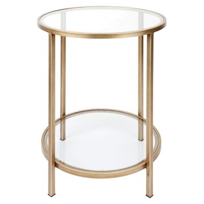 Cocktail Glass Top Iron Round Side Table, Antique Gold