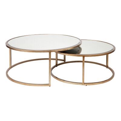 Serene 2 Piece Mirror & Iron Round Nesting Coffee Table Set, 95/80cm, Antique Gold