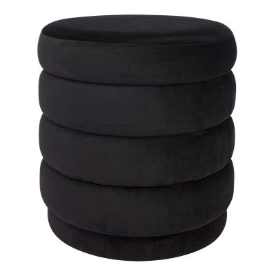 Demi Velvet Fabric Round Ottoman Stool, Black