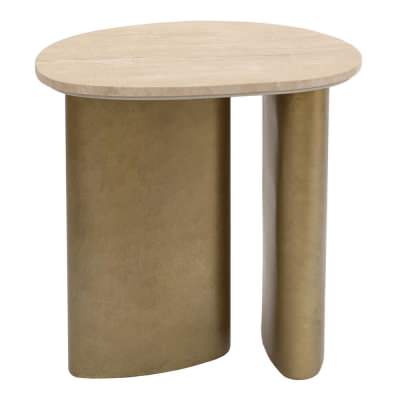 Audrey Travertine & Metal Side Table, Large, Taupe / Antique Gold