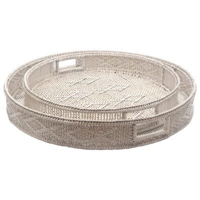 Pavillion Kos 2 Piece Rattan Round Tray Set, White Wash