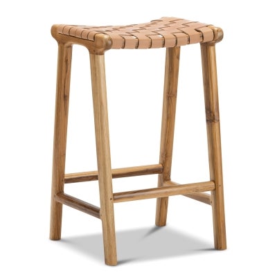 Lazie Woven Leather & Teak Timber Counter Stool, Tan / Natural