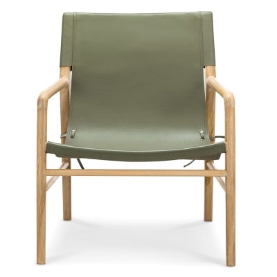 Norah Leather & Teak Timber Sling Armchair, Olive / Natural