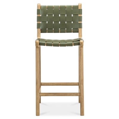 Lazie Woven Leather & Teak Timber Counter Chair, Olive / Natural