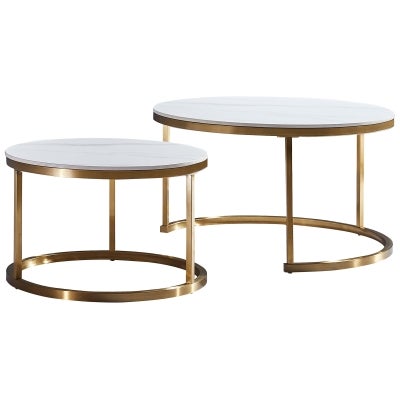 Seriate 2 Piece Sintered Stone Top Round Nesting Coffee Table Set, 80/60cm, Matte White / Gold